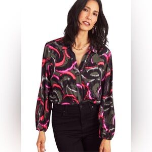 NEW NIC + ZOE Neon Doodle Live in Shirt Blouse Top in Green Multi Small